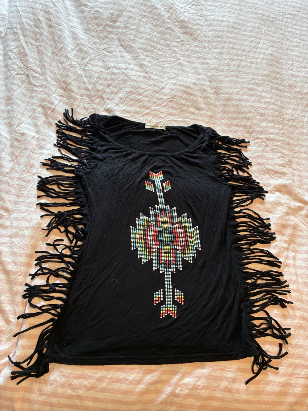 Double Zero Black Fringe Tank with Colorful Aztec Center